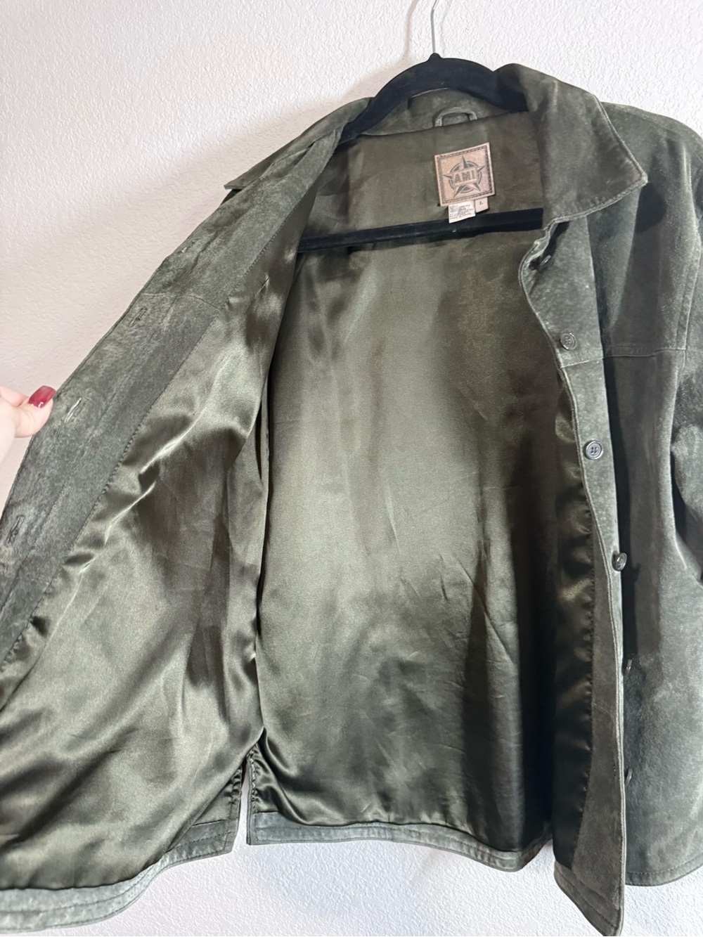 Vintage A.M.I. Olive Green Suede Leather Shirt Jacket – Retro 90s Women’s Large - Picture 4 of 6